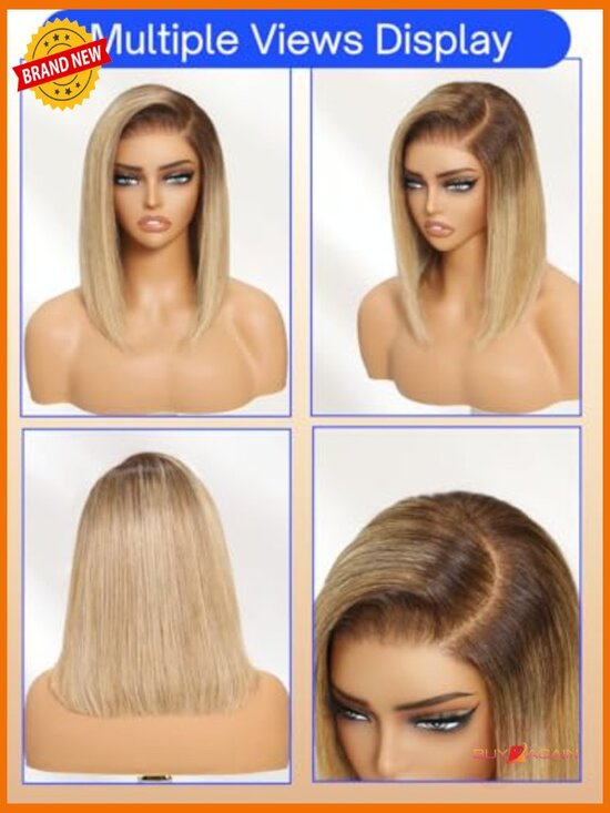 Glueless Lace Front Bob Wig 14 Inch Human Hair Pre Plucked Bleached Knots